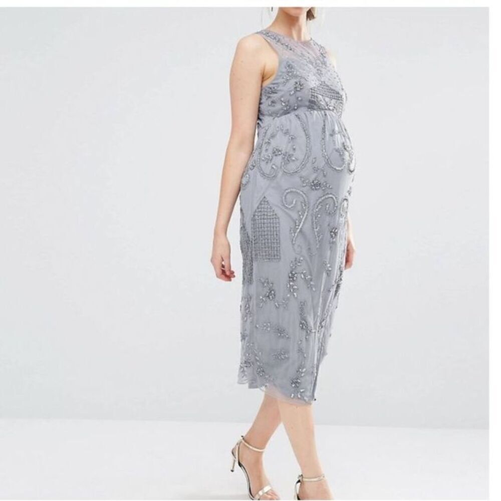 ASOS Maya Maternity Embellished Beaded Formal Gray Midi Dress Size 6